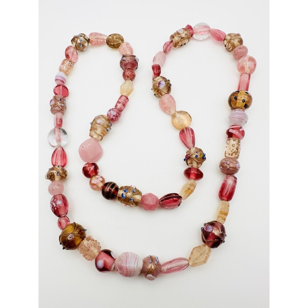 Vintage Murano Glass Wedding Cake Pink  Bead Necklace 26”
